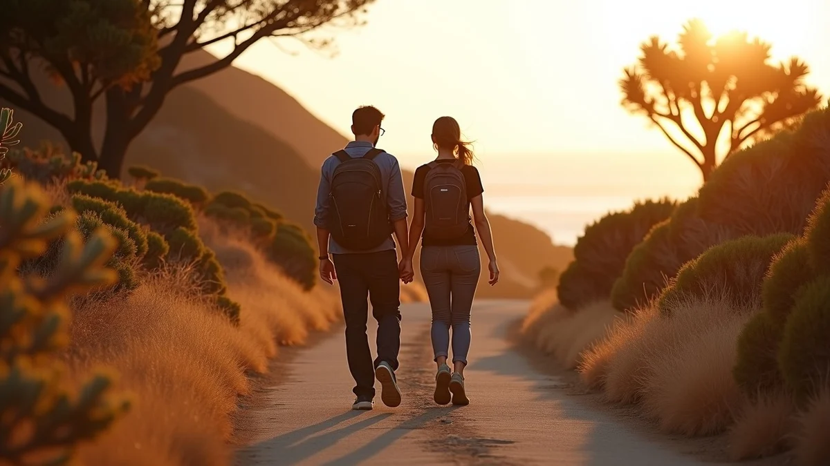 Two California adults compare three branching walking routes at a coastal trailhead, symbolizing different dating goals and realistic travel ranges