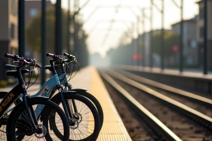 A row of three bicycles rests beside a California light-rail platform