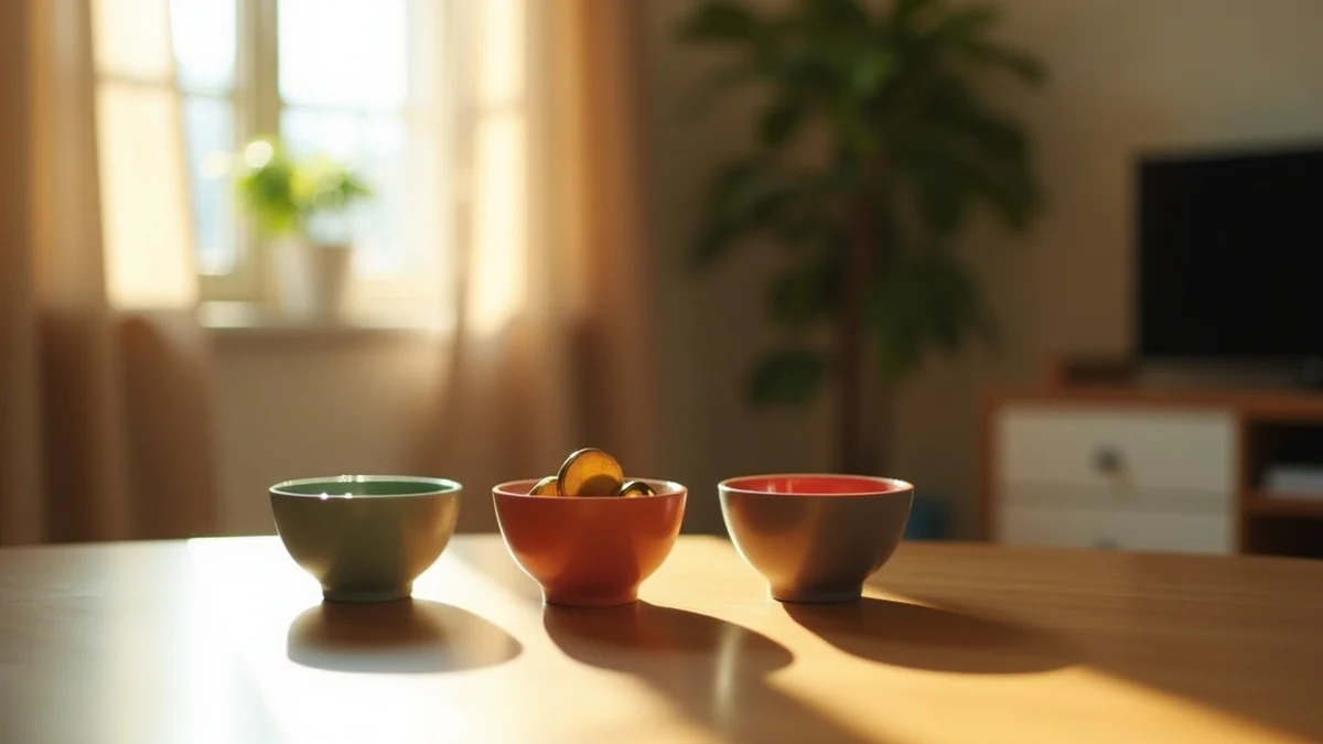 A thoughtful California adult compares three unbranded colored ceramic bowls containing different tokens on a sunlit apartment table