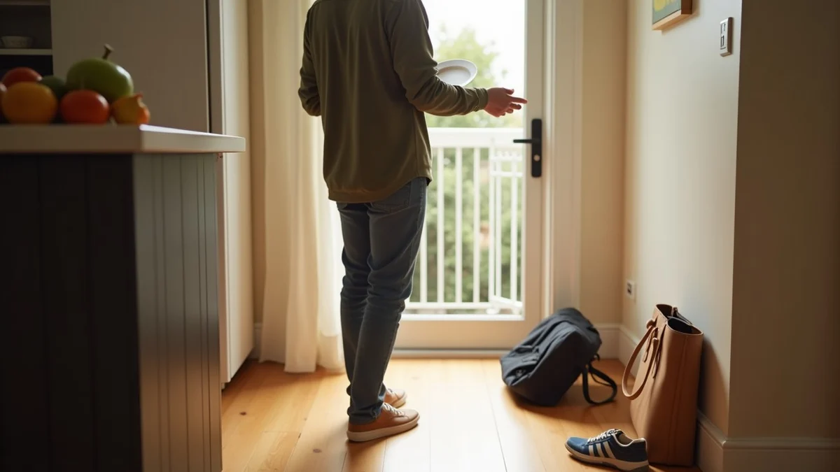 An adult sets two simple dinner plates in a bright California apartment kitchen while walking shoes and a work bag wait by the doorway