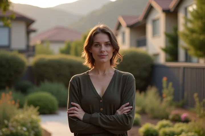 A thoughtful adult stands for a natural waist-up portrait in a California community garden, with layered apartment buildings, inland hills