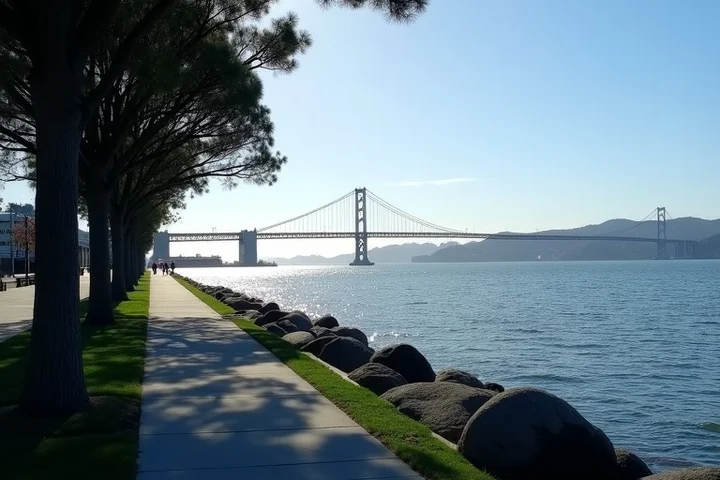 A quiet Oakland waterfront walkway leads toward the Bay Bridge across shimmering water