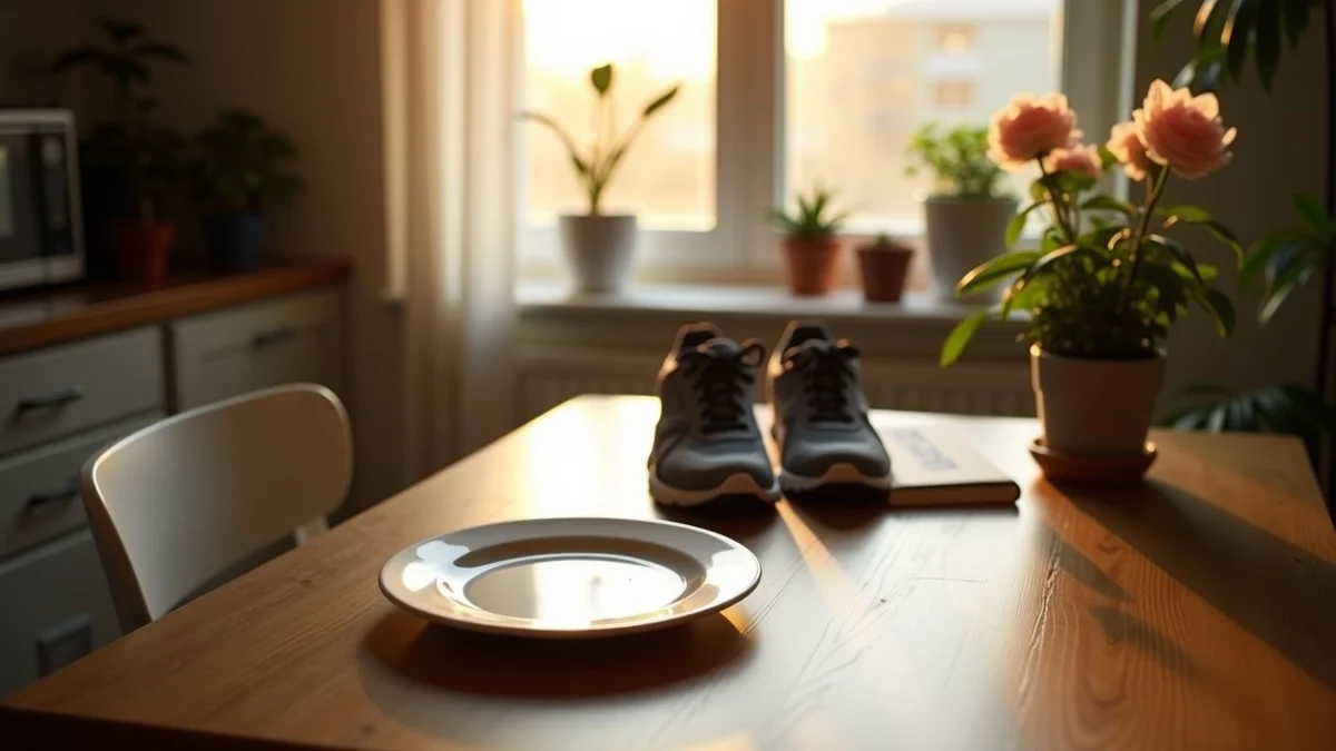 An adult rearranges a small apartment dining table into a personal weekend routine, placing a single plate beside running shoes, a paperback