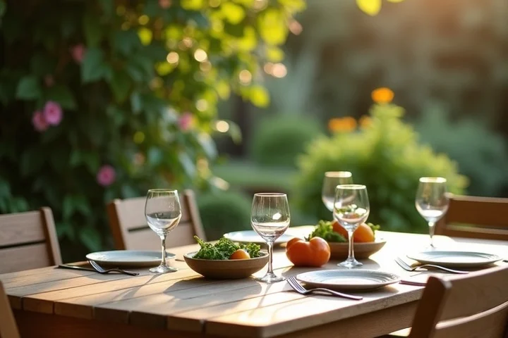 A shared outdoor dinner table with two distinct place settings sits in a leafy California community garden, surrounded by simple dishes