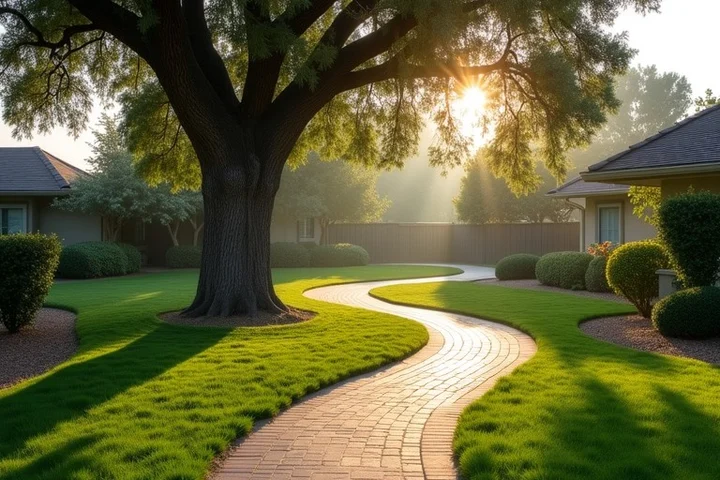 A winding footpath divides around a mature oak in a peaceful California community garden