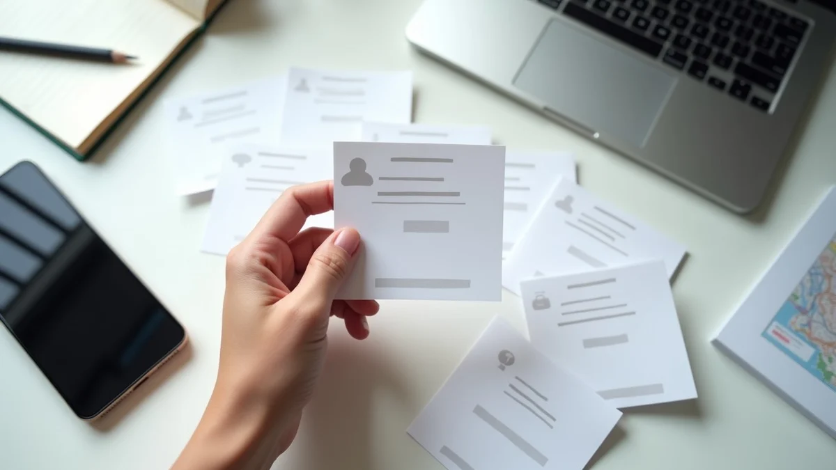 An adult hand covers identifying details on a cluster of blank profile cards with opaque paper tabs, leaving only broad interest symbols visible