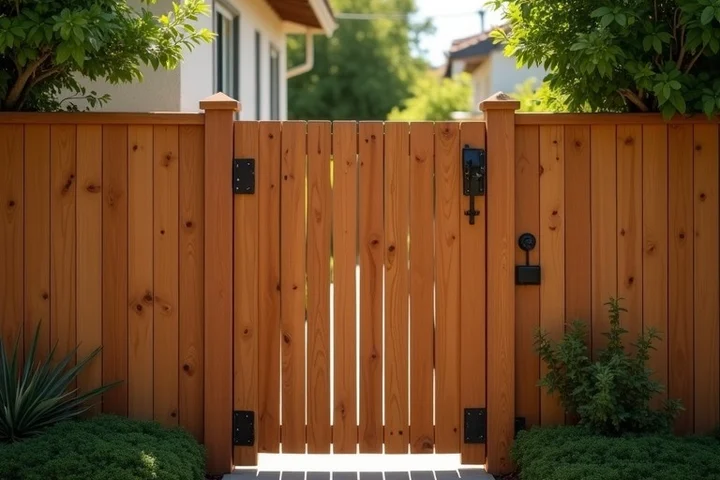 A closed cedar gate shields a modest California bungalow side yard from the public sidewalk
