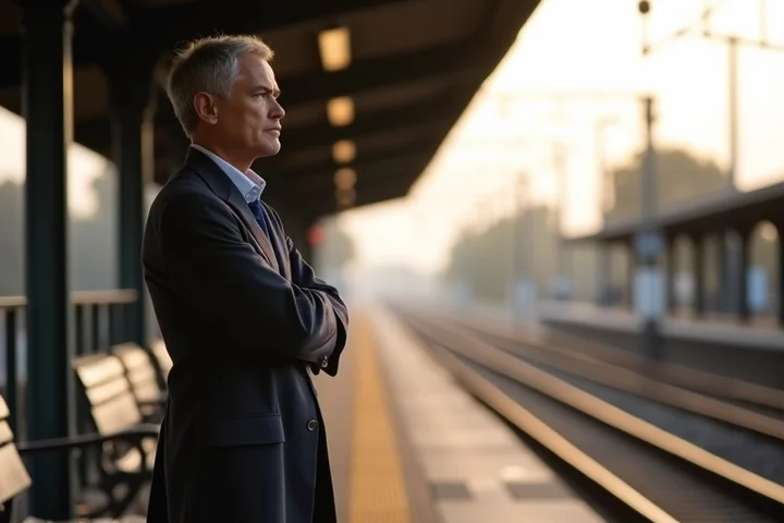A thoughtful adult stands in quiet profile on a Southern California rail platform