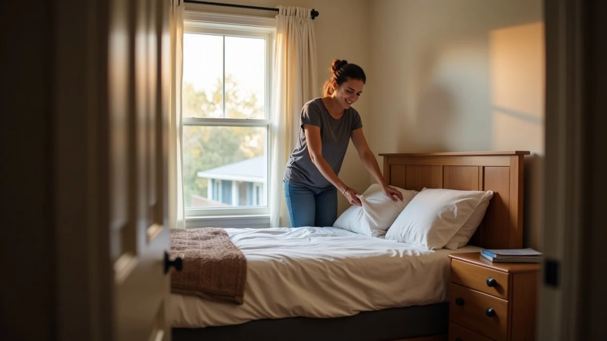 An adult host makes up a spare bed in a calm Sacramento home
