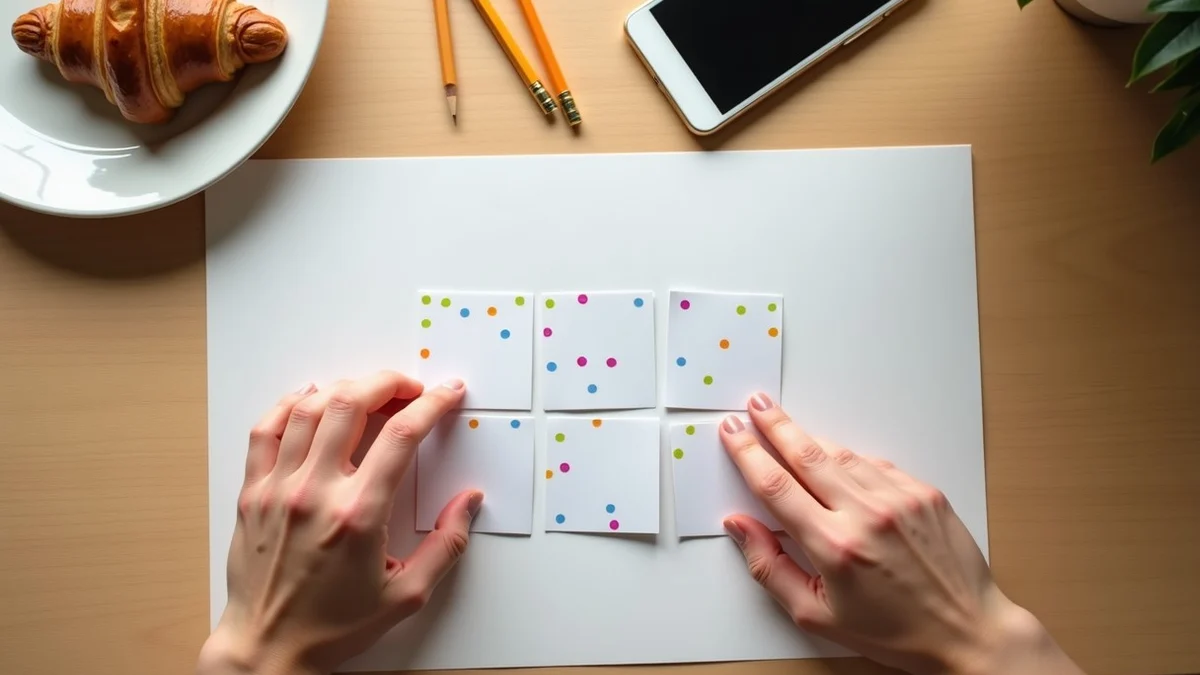 Two hands arrange three blank paper tiles marked only with colored dots on a quiet California kitchen table