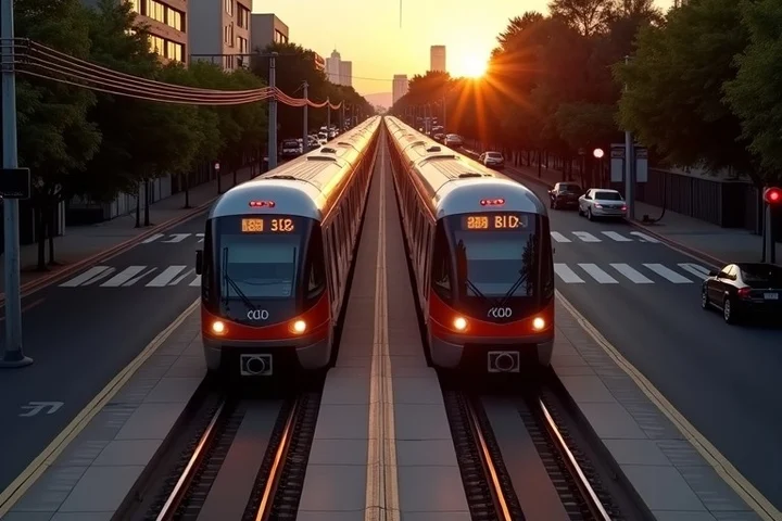 A light-rail train glides through a broad Los Angeles neighborhood corridor at early evening, passing a simple platform, crosswalk