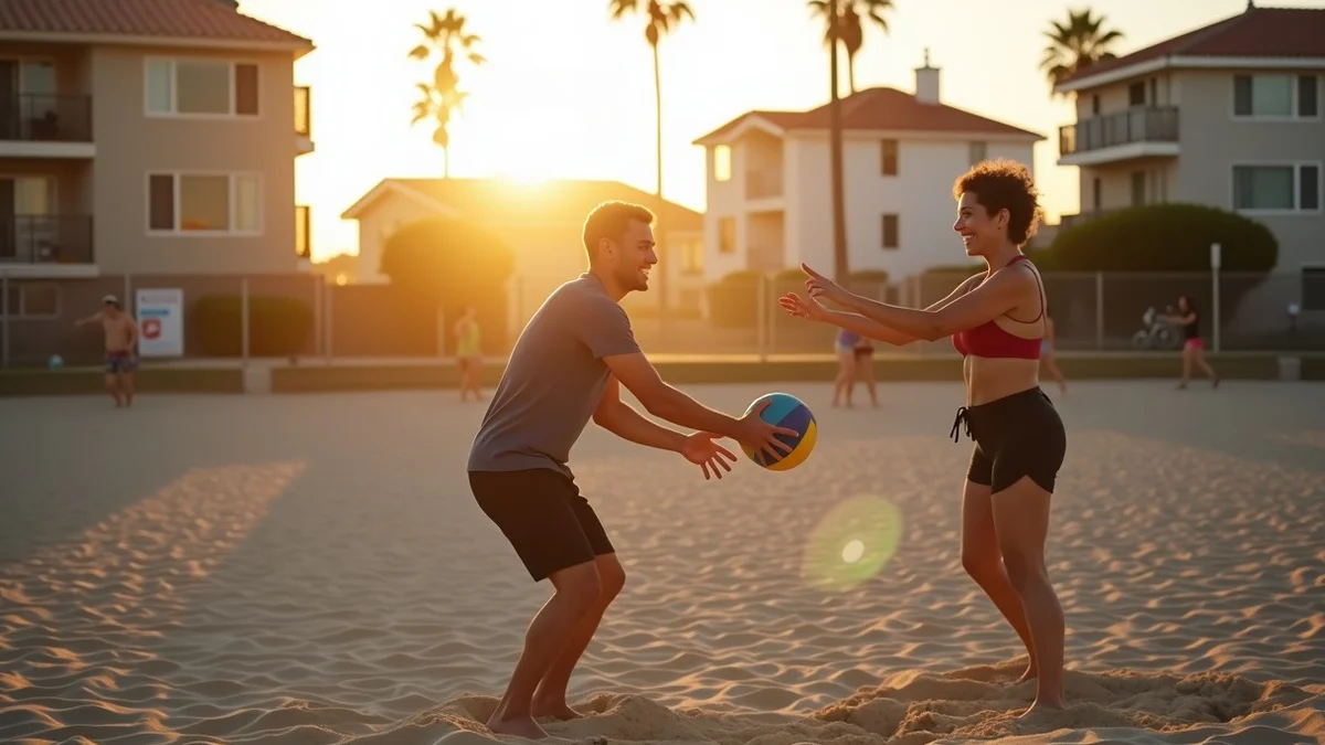 Two adults practice beach volleyball at a recurring community session on a public court near Belmont Shore in Long Beach