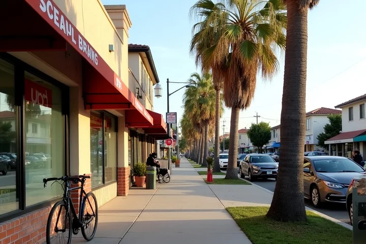 A bicycle path meets a neighborhood sidewalk near Fourth Street Retro Row in Long Beach, with two parked bicycles, low-rise local storefronts