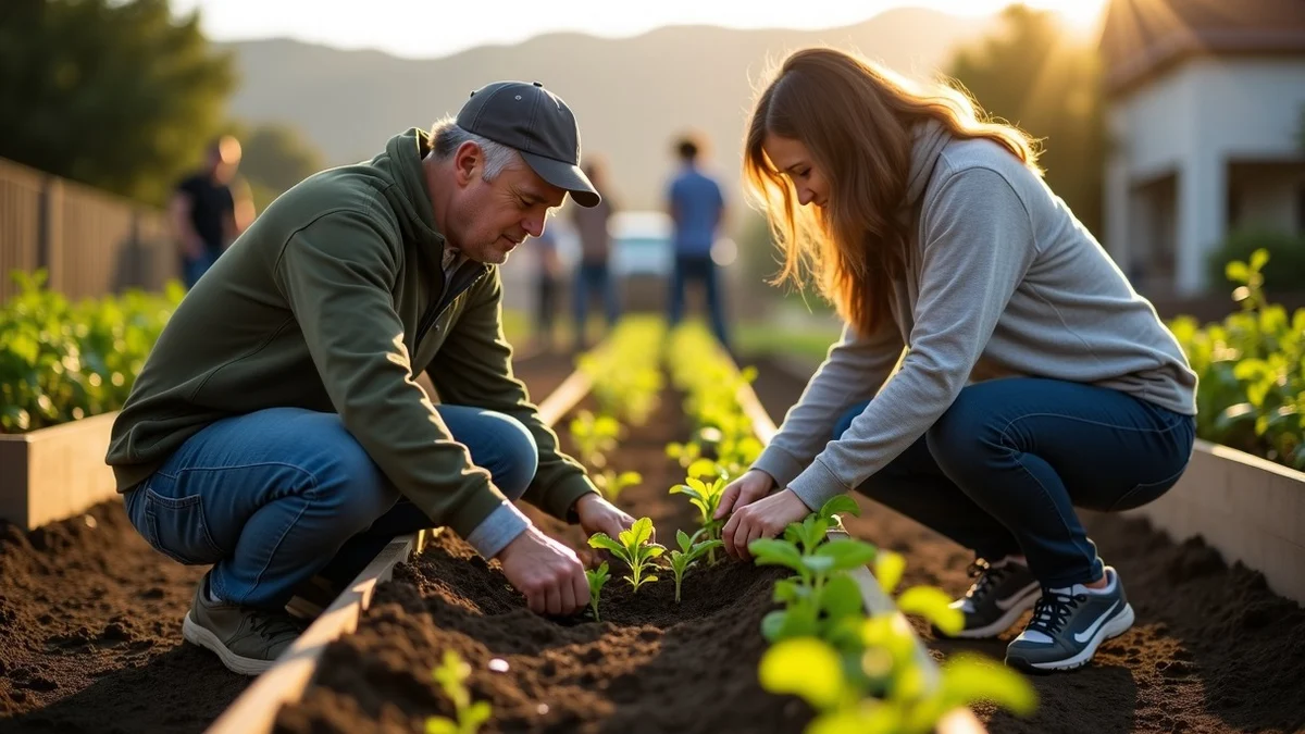 Two adults plant seedlings together at a recurring Oakland community garden workday, with raised beds, shared tools