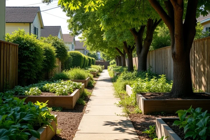 A narrow Oakland neighborhood garden path leads past repeating raised beds, shared hand tools, simple benches, and mature shade trees