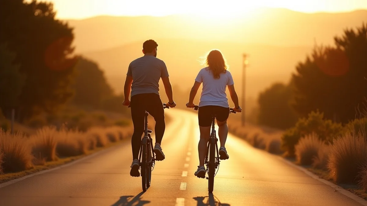 Two adult cyclists meet halfway on a quiet Orange County multiuse trail, their bicycles angled apart beside native coastal scrub