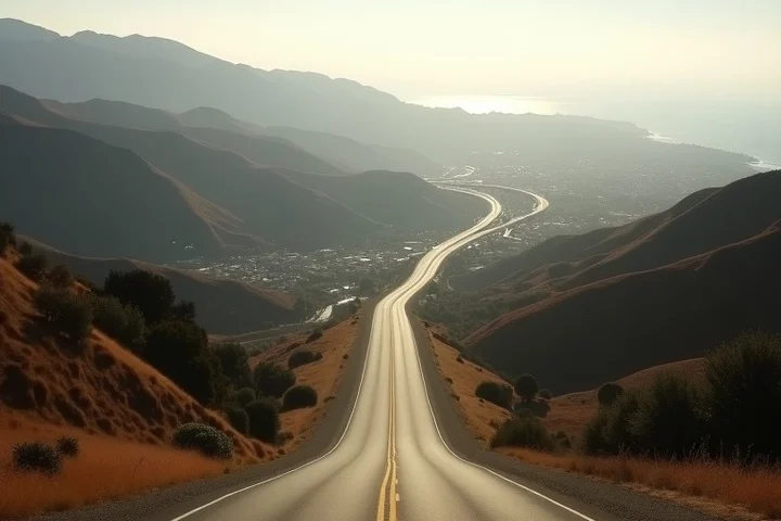 An empty Orange County road curves between inland hills and coastal haze