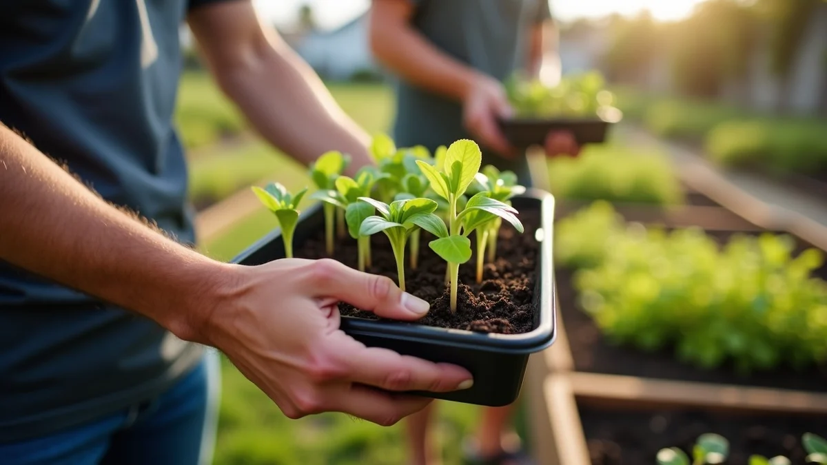 Two adults in their late thirties join a Saturday community garden work session in Southern California