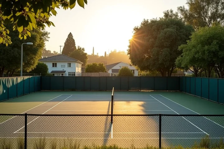 An empty community tennis court sits behind a low fence in a California neighborhood at early evening