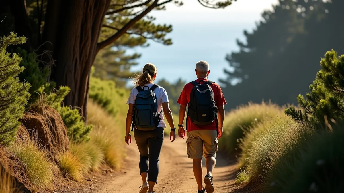 Two California adults in their early-to-mid 40s walk side by side along a shaded coastal trail in Marin County