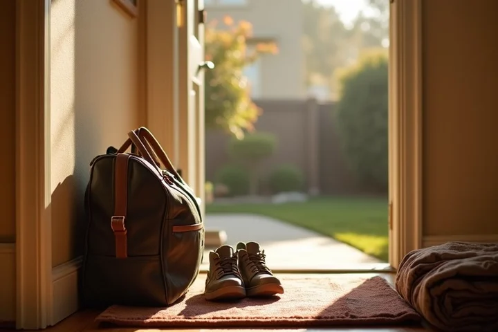 A sunlit California home entryway holds walking shoes beside a commuter work bag, gardening gloves, and a folded family picnic blanket