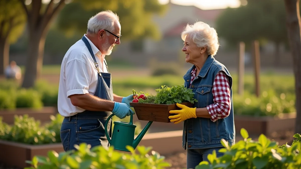 Two California adults in their 50s tend a shared plot at a community garden in Sacramento, exchanging a basket of vegetables while discussing plans