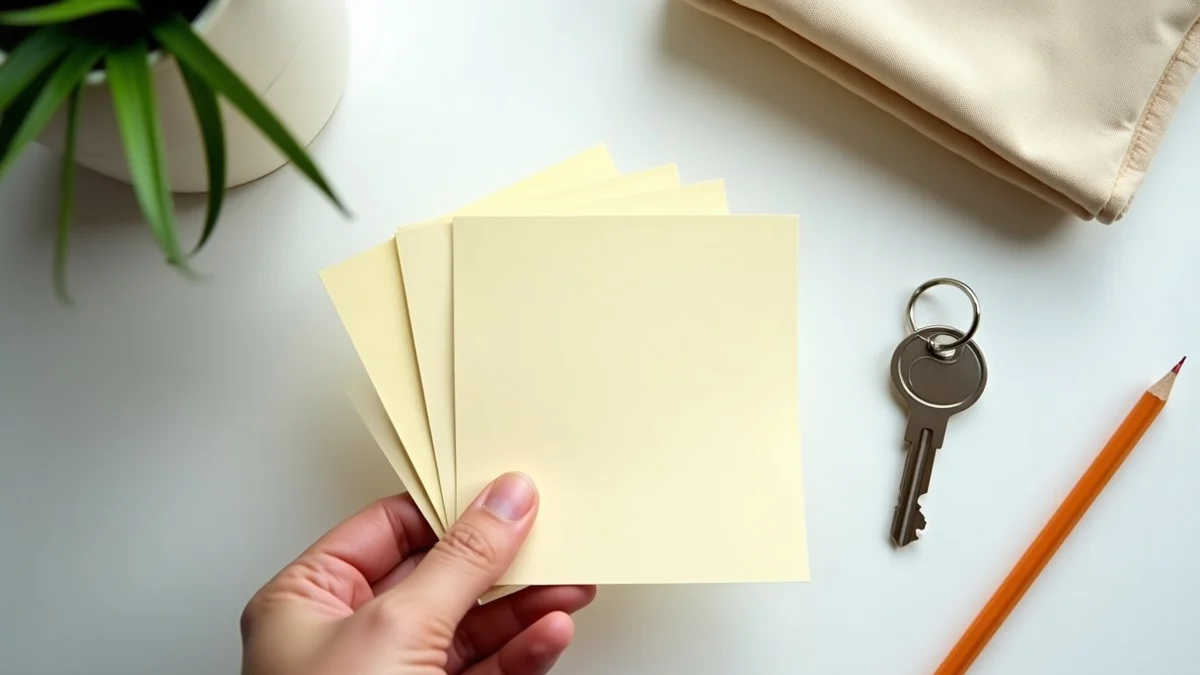 A hand sorts three completely blank cream index cards beside a house key, a folded canvas tote, and a sharpened pencil on a quiet home writing desk