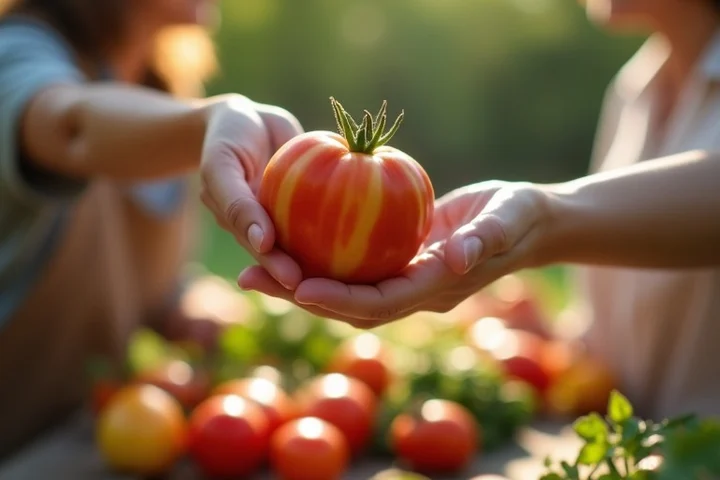A striped heirloom tomato passes from one adult’s hand to another at a community garden worktable, creating a natural opening for conversation