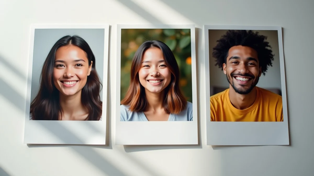 Three unlabeled portrait photographs lie in a gentle diagonal on a neutral photo-studio table, showing a varied, current lineup with one clear face