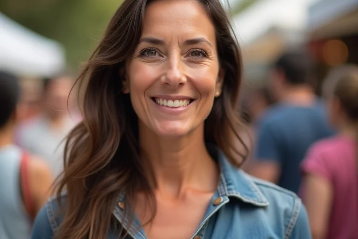 A middle-aged woman with a clear, unobstructed face stands at a California neighborhood art walk
