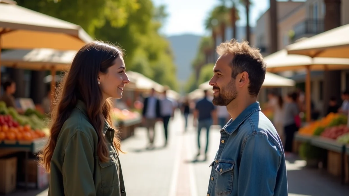 Two adults meet cautiously at an open-air California farmers market