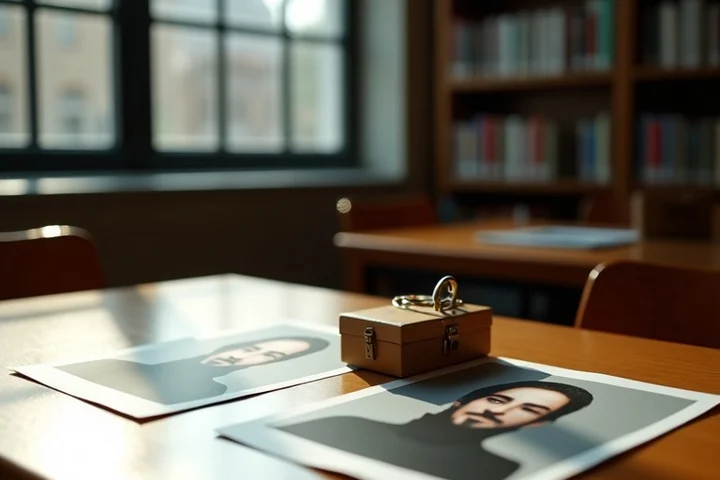 Two identical anonymous portrait photographs lie at opposite ends of a quiet public library table