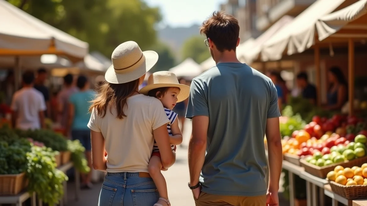 A parent and dating partner browse a Saturday farmers market in a coastal California town