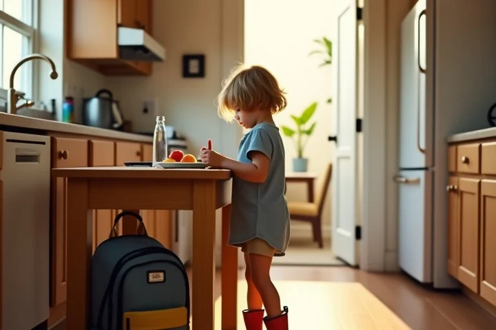 A child’s backpack and small rain boots wait beside a neatly set two-person kitchen table in a modest California home