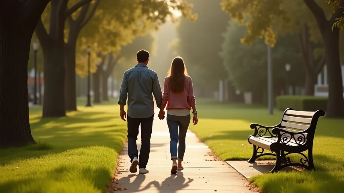 Two adults stroll side by side along a shaded Los Angeles neighborhood park path toward a nearby bench