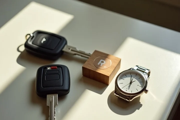 Two sets of car keys, an unmarked parking token