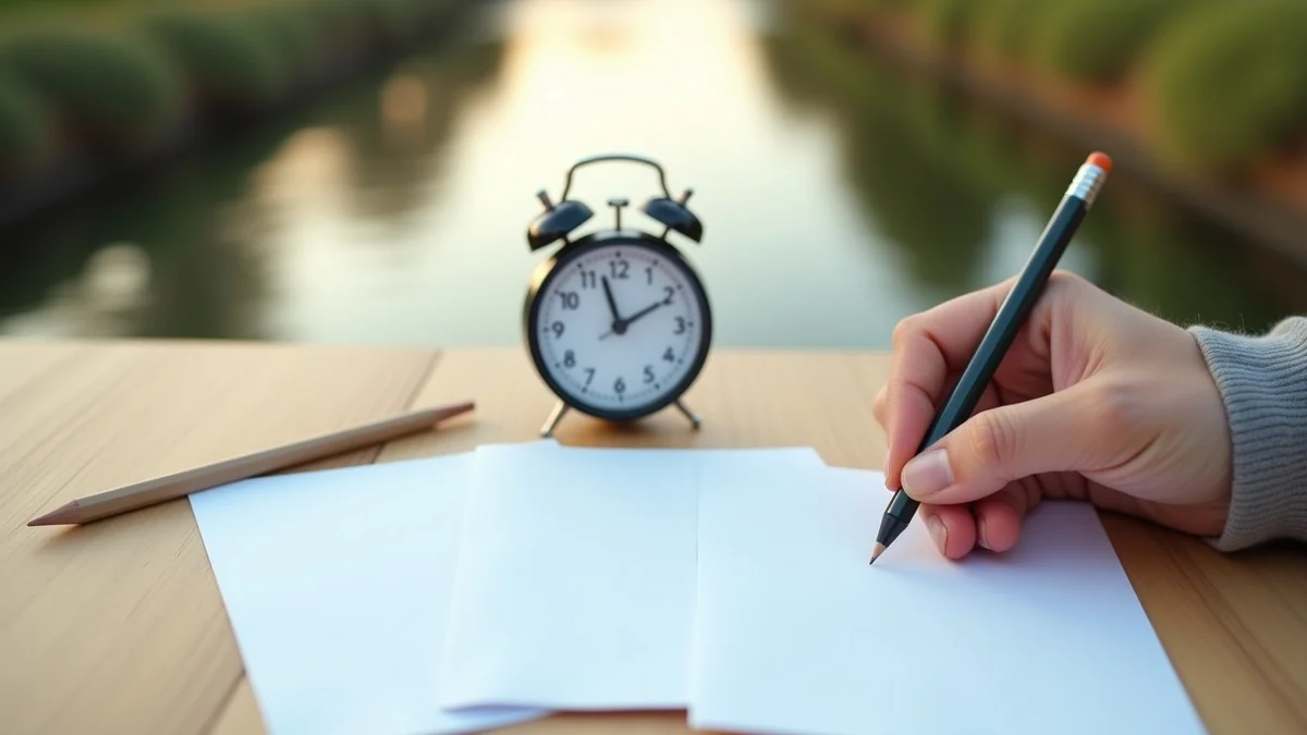 An adult hand arranges a pencil, a small analog timer, and three blank cards on a light wood table beside a softly blurred Sacramento riverfront path