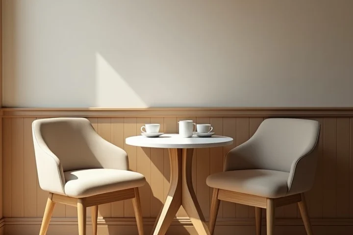A small round table set for two sits inside a quiet indoor lounge beside a San Francisco transit stop