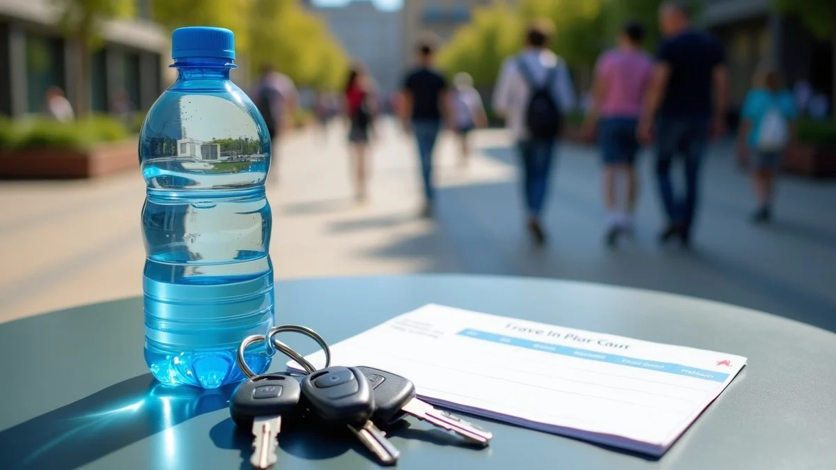 A set of car keys rests beside an unopened water bottle, a transit pass, and a blank check-in card on a small table in a busy public plaza