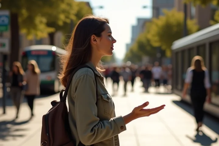 An adult woman in her forties pauses at the edge of a lively public plaza, one open hand creating space from a date several steps away while a bright