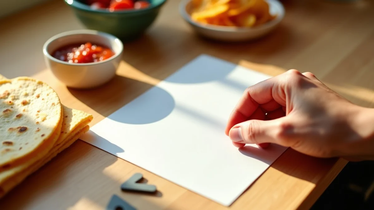 A hand arranges a small bowl of salsa, folded tortillas, and three tactile hobby tokens beside a blank card on a sunlit kitchen counter