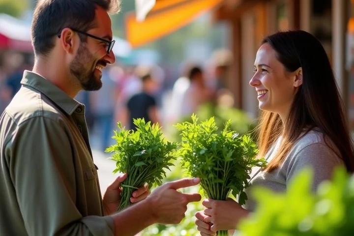 A pair of adult strangers compare two bunches of fresh herbs while talking at an outdoor California farmers market