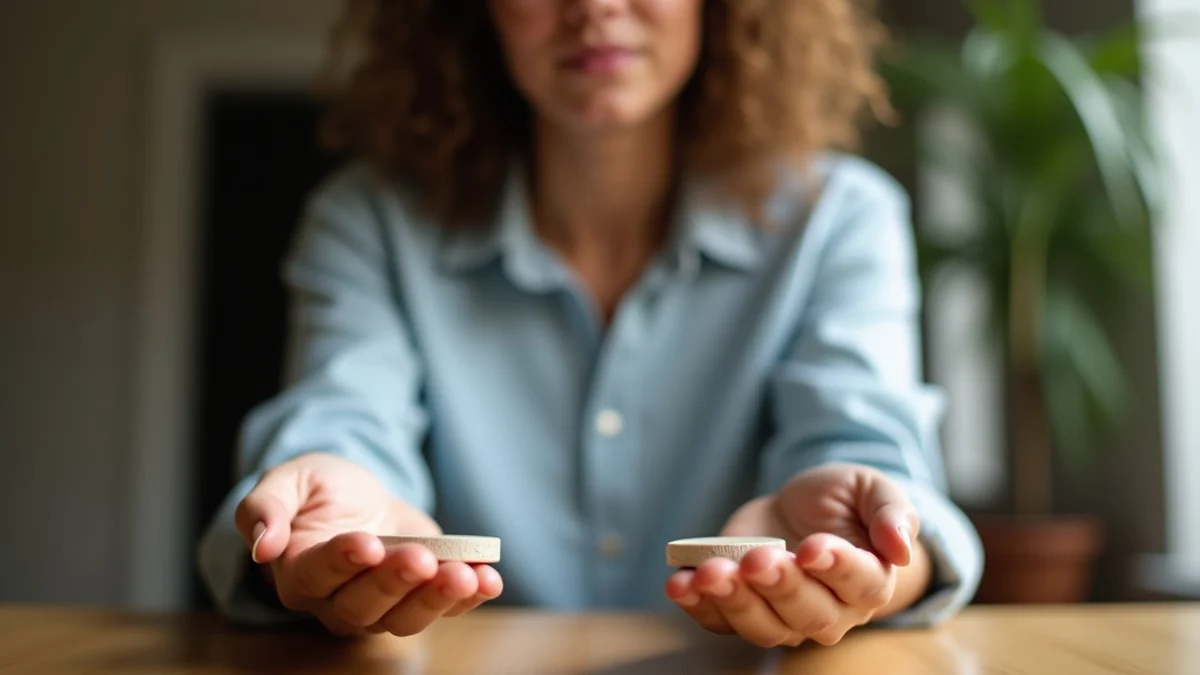 A thoughtful California adult pauses at a plain wooden table