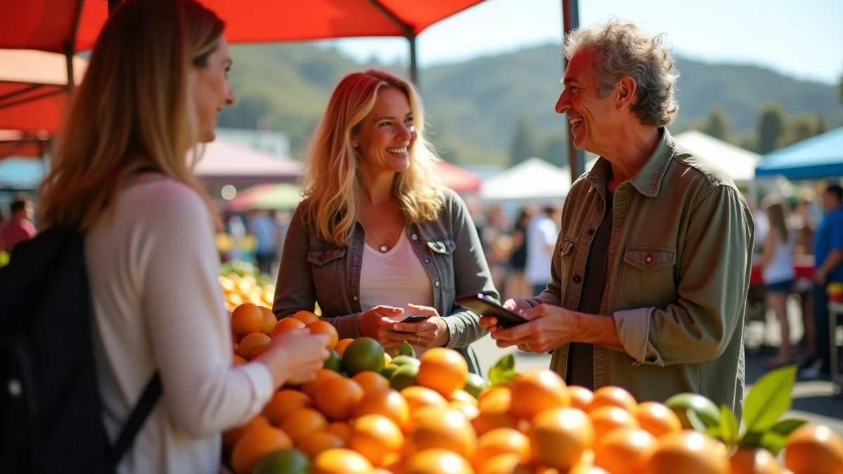 Two adult Californians compare ripe citrus and share an easy conversation at a coastal California farmers market