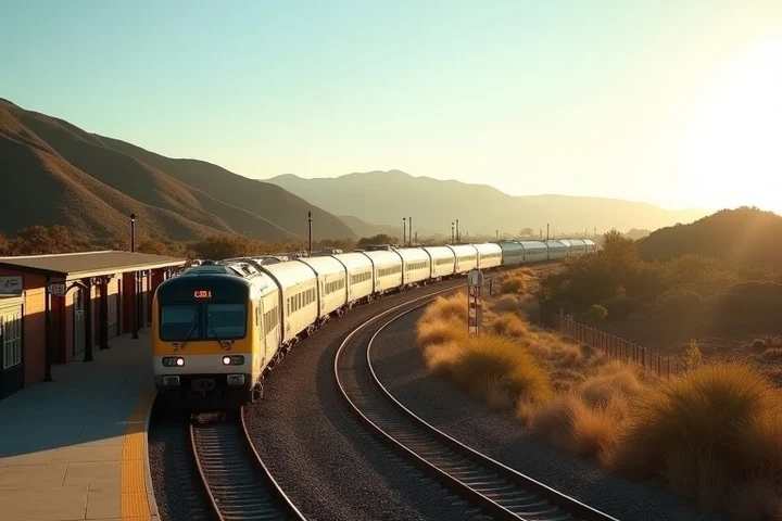 A regional commuter train curves into a California station beside an open platform