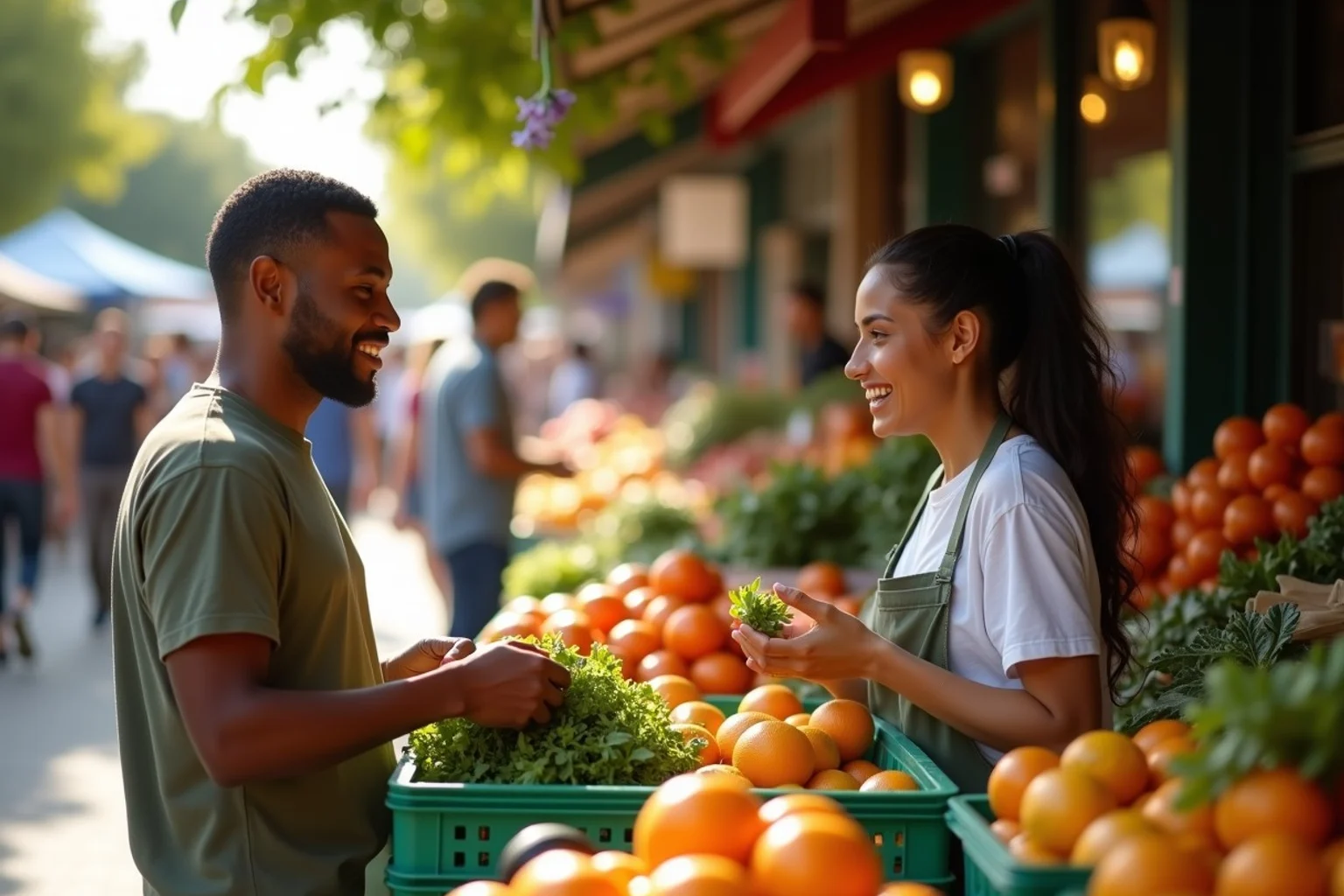 Two adults compare fresh produce while chatting at a lively California farmers market, with citrus crates, native flowers