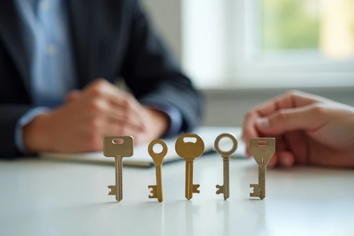 A service adviser places four differently shaped brass keys on a clean counter while an adult client considers which one fits