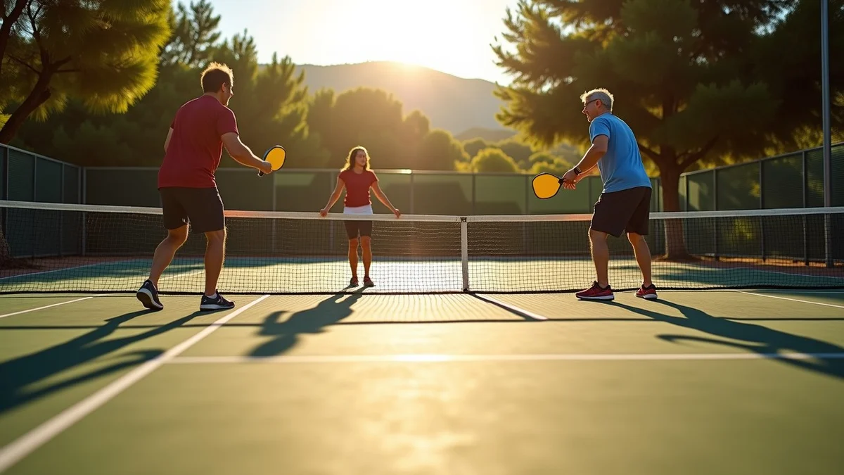 A yellow pickleball arcs over a public court during a recurring community game in a leafy California park, with two adult players near the net