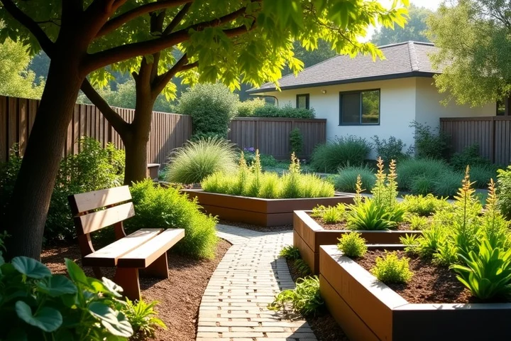 A quiet California community garden features raised beds, a shaded bench, a winding path, and gardening tools ready for a recurring volunteer session