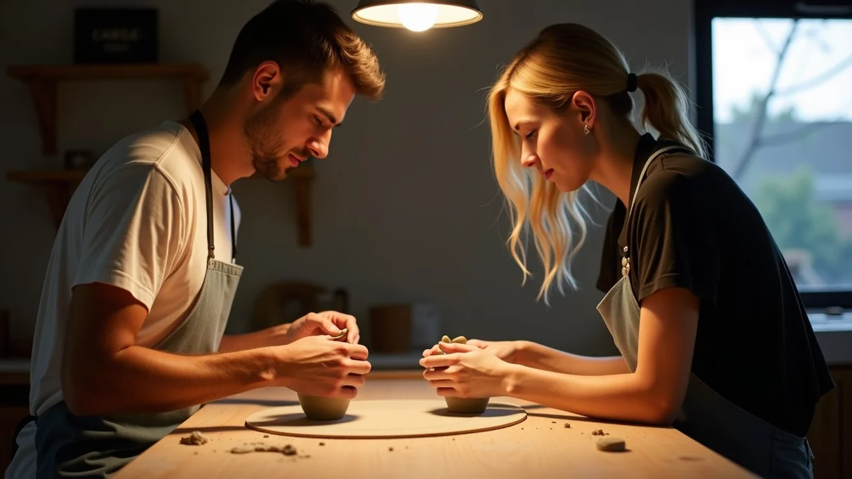 Two adults in their 30s and 40s shape clay together during a recurring evening pottery class in a Los Angeles neighborhood studio